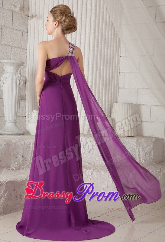 Purple One Shoulder Watteau Beading Prom Dress for Formal