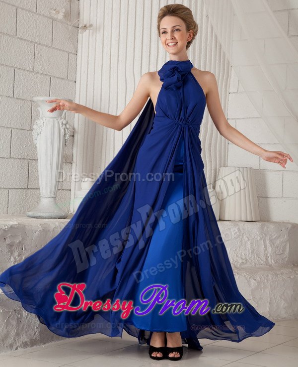Royal Blue Halter Ruching Prom / Evening Dress with Watteau
