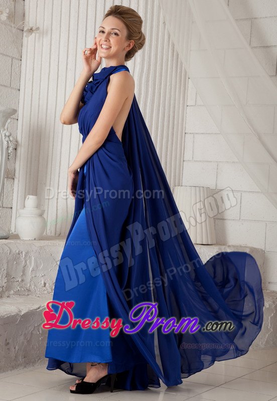 Royal Blue Halter Ruching Prom / Evening Dress with Watteau
