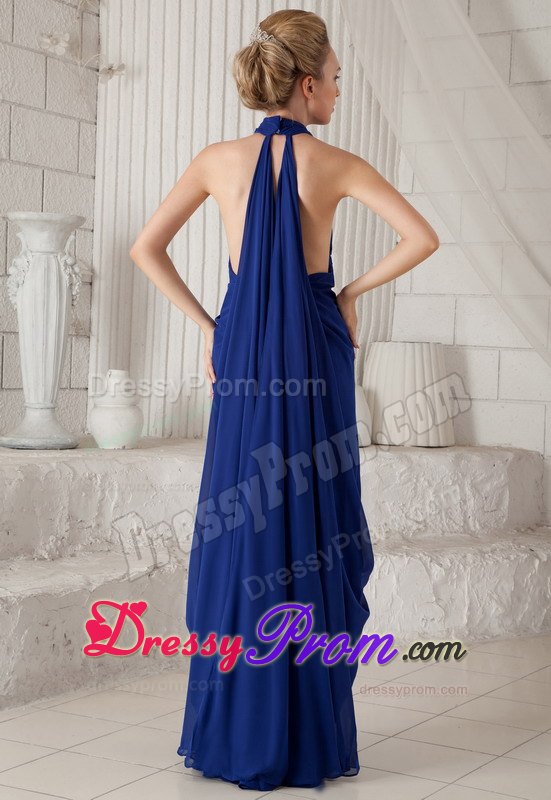 Royal Blue Halter Ruching Prom / Evening Dress with Watteau