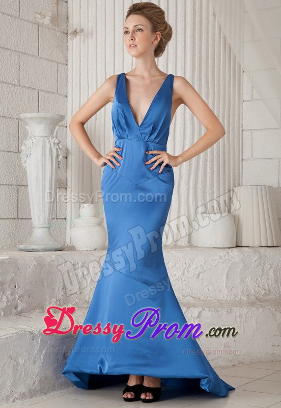 Blue Mermaid V-neck Brush Prom / Evening Dress with Ruching