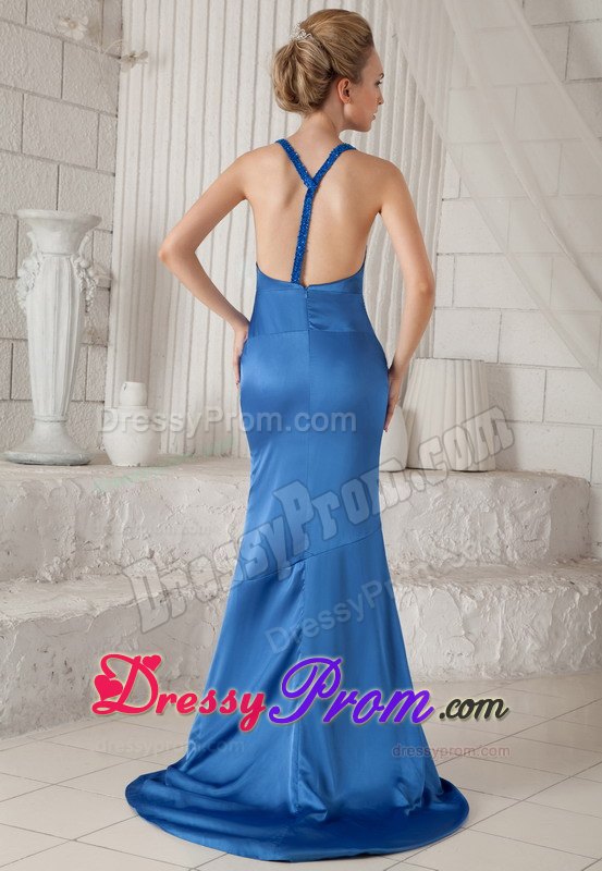 Blue Mermaid V-neck Brush Prom / Evening Dress with Ruching