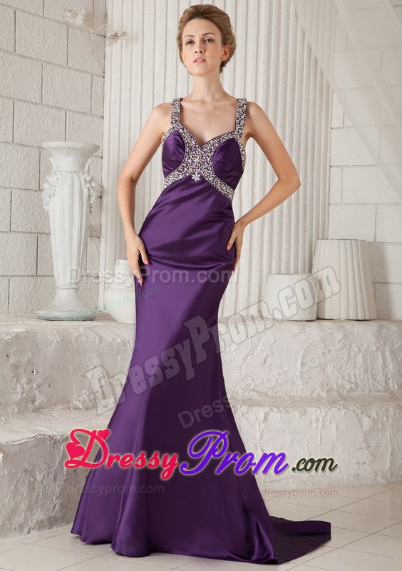 Eggplant Purple Mermaid Brush Beaded Prom Dress with Straps