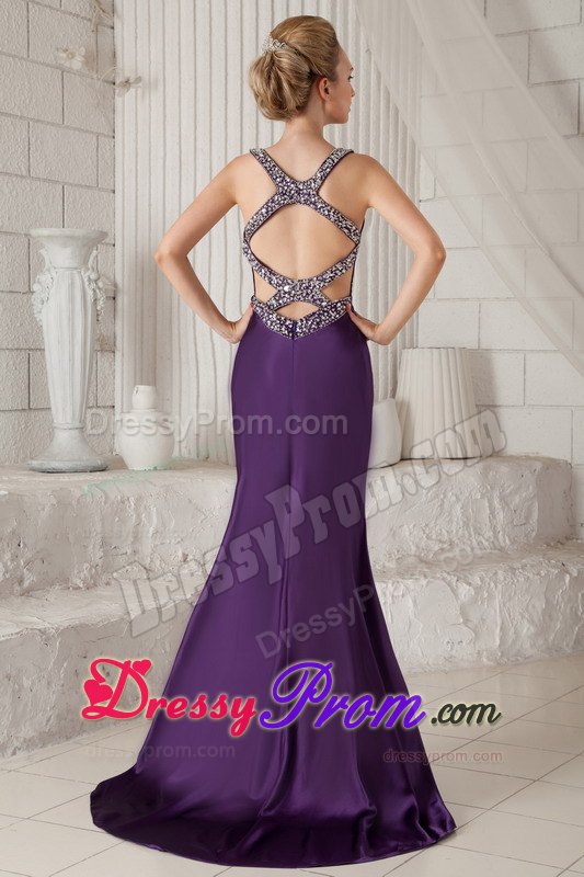 Eggplant Purple Mermaid Brush Beaded Prom Dress with Straps