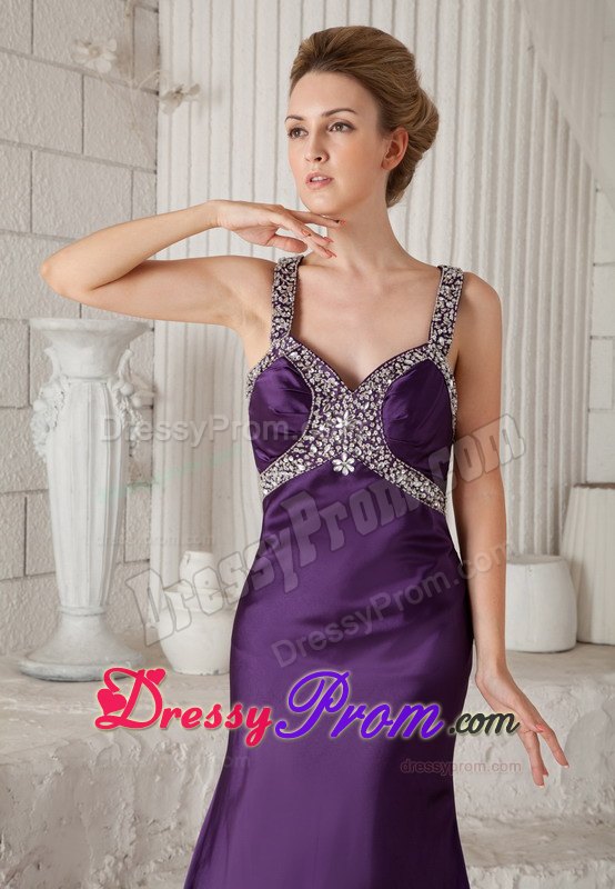 Eggplant Purple Mermaid Brush Beaded Prom Dress with Straps