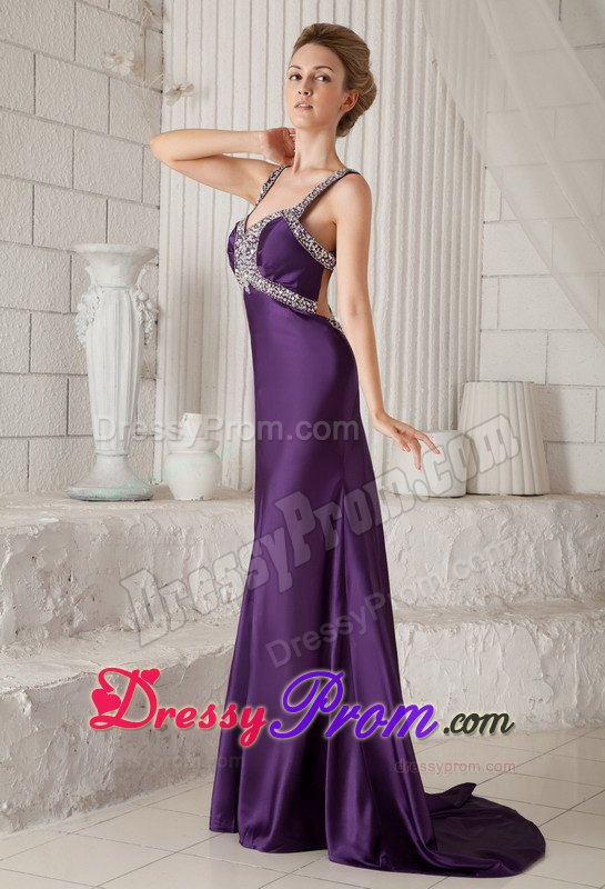 Eggplant Purple Mermaid Brush Beaded Prom Dress with Straps