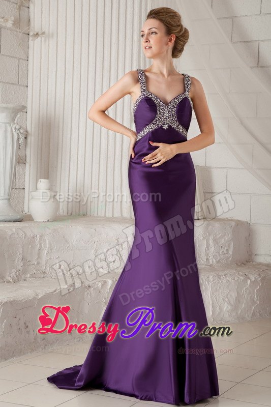 Eggplant Purple Mermaid Brush Beaded Prom Dress with Straps