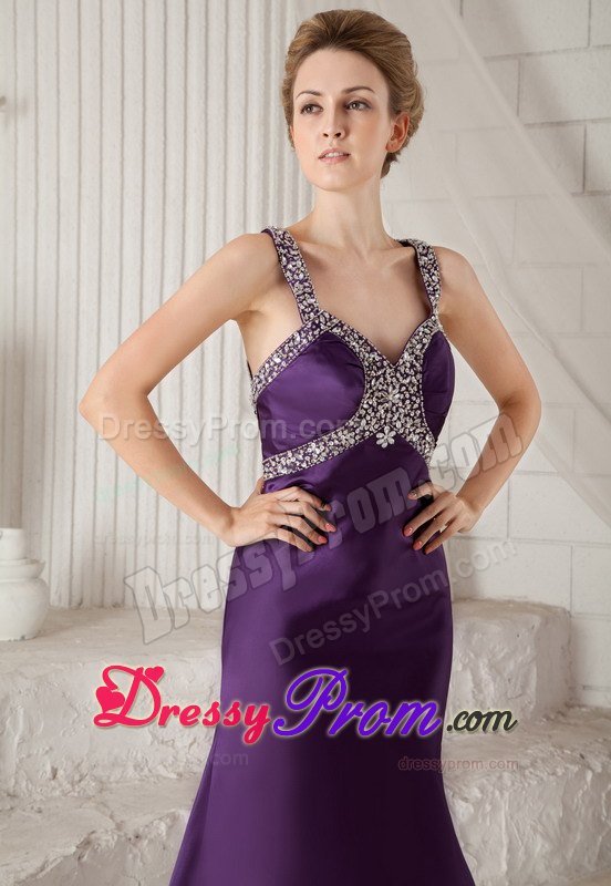 Eggplant Purple Mermaid Brush Beaded Prom Dress with Straps