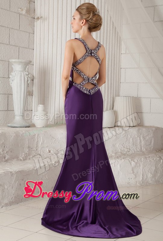 Eggplant Purple Mermaid Brush Beaded Prom Dress with Straps
