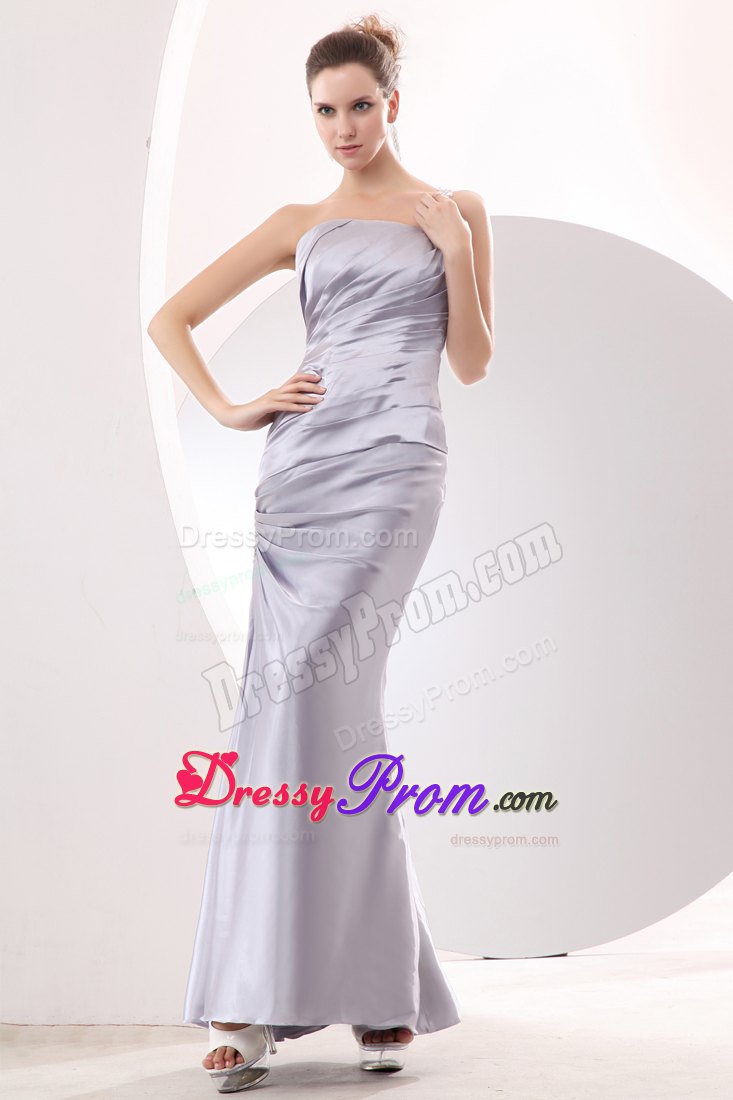 Sliver Column Strapless Ruched Prom Evening Dress Ankle-length