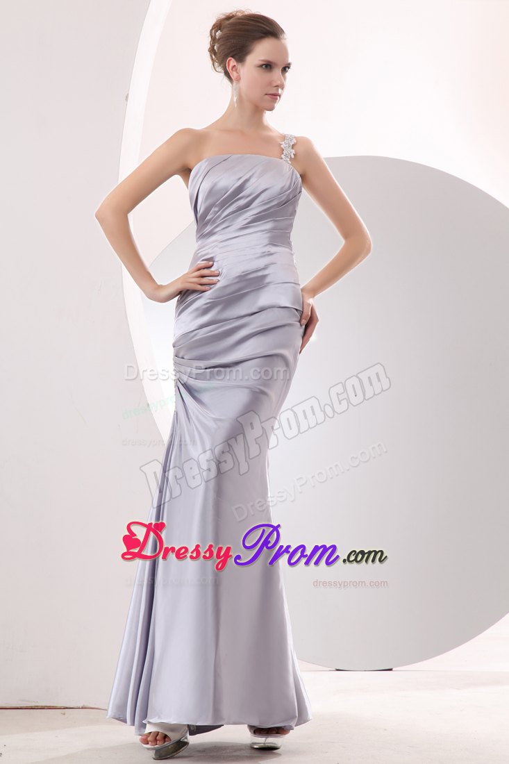 Sliver Column Strapless Ruched Prom Evening Dress Ankle-length