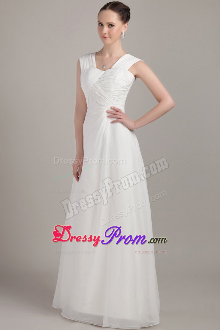 White Empire Chiffon Ruching Prom Dress Straps Style