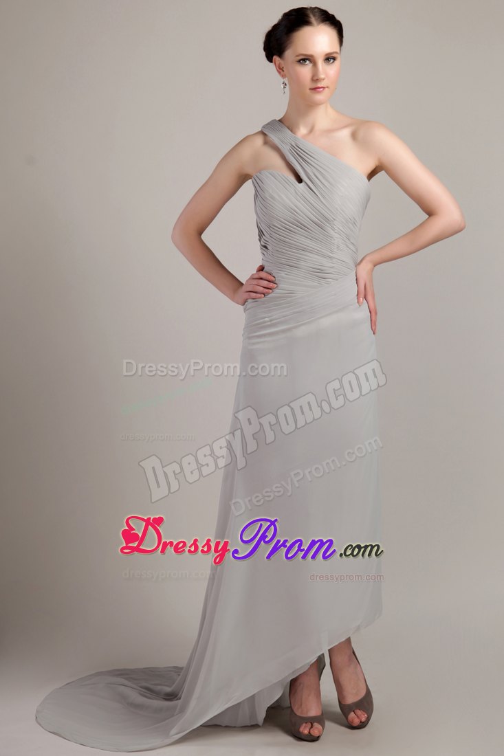 Grey Empire One Shoulder Ruching Prom Dress with Brush