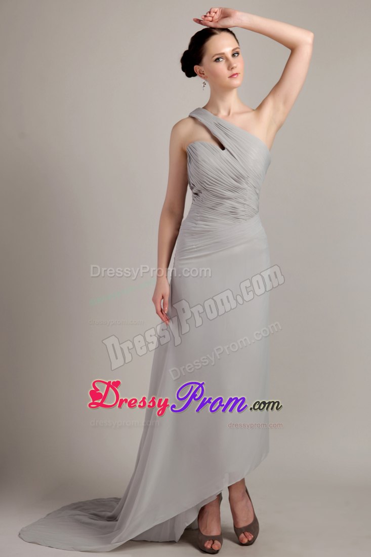 Grey Empire One Shoulder Ruching Prom Dress with Brush