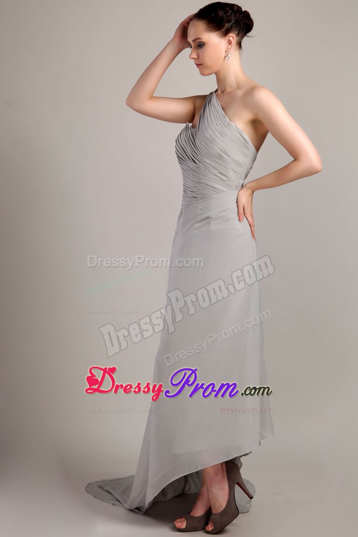 Grey Empire One Shoulder Ruching Prom Dress with Brush