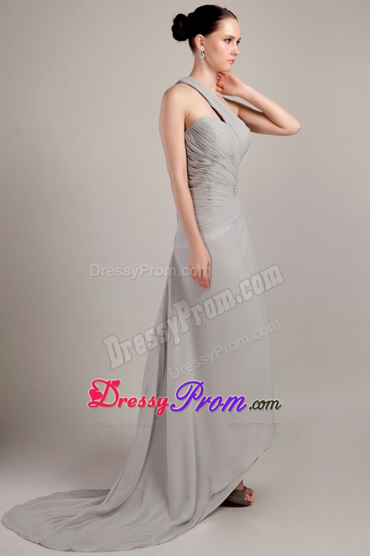 Grey Empire One Shoulder Ruching Prom Dress with Brush