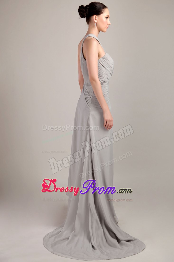 Grey Empire One Shoulder Ruching Prom Dress with Brush