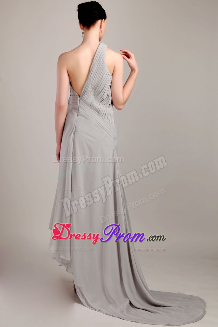Grey Empire One Shoulder Ruching Prom Dress with Brush