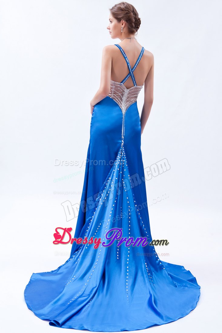 Royal Blue Sheath Straps Brush Prom Dress Beading Accent