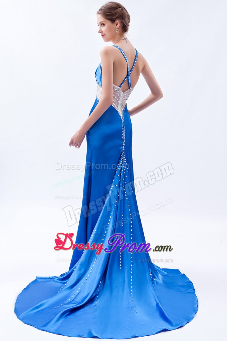 Royal Blue Sheath Straps Brush Prom Dress Beading Accent
