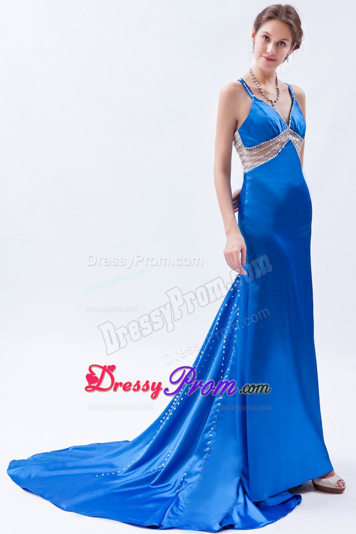 Royal Blue Sheath Straps Brush Prom Dress Beading Accent