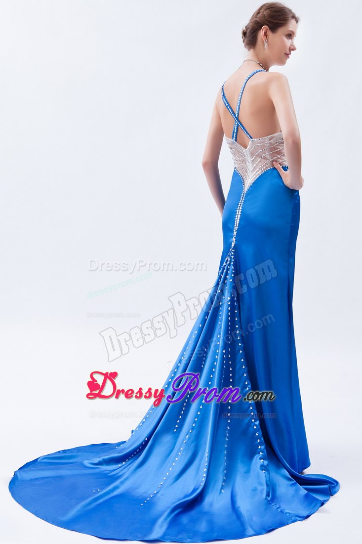 Royal Blue Sheath Straps Brush Prom Dress Beading Accent
