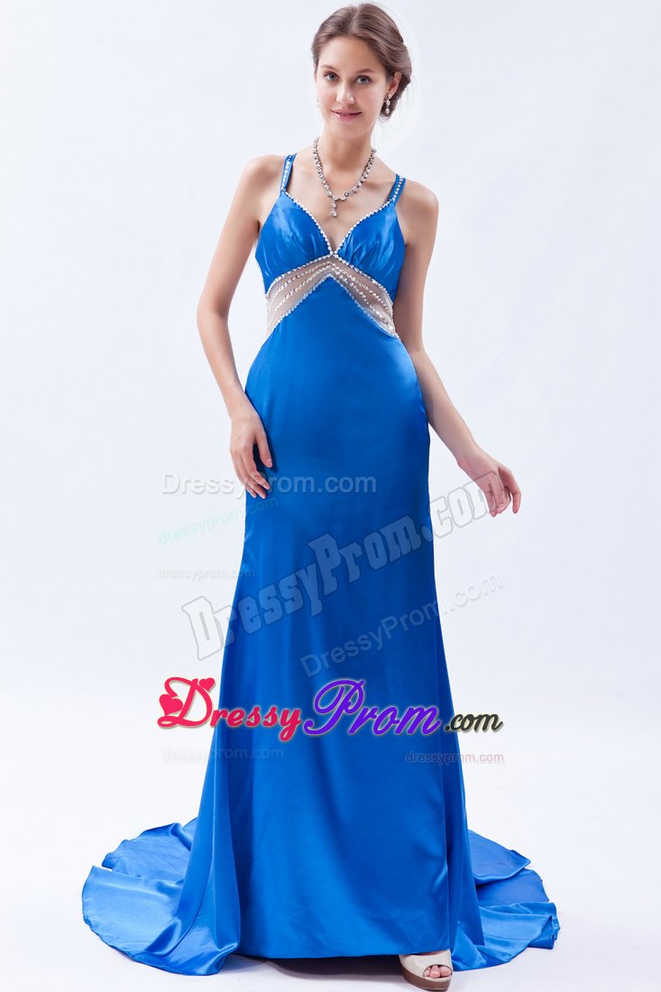 Royal Blue Sheath Straps Brush Prom Dress Beading Accent
