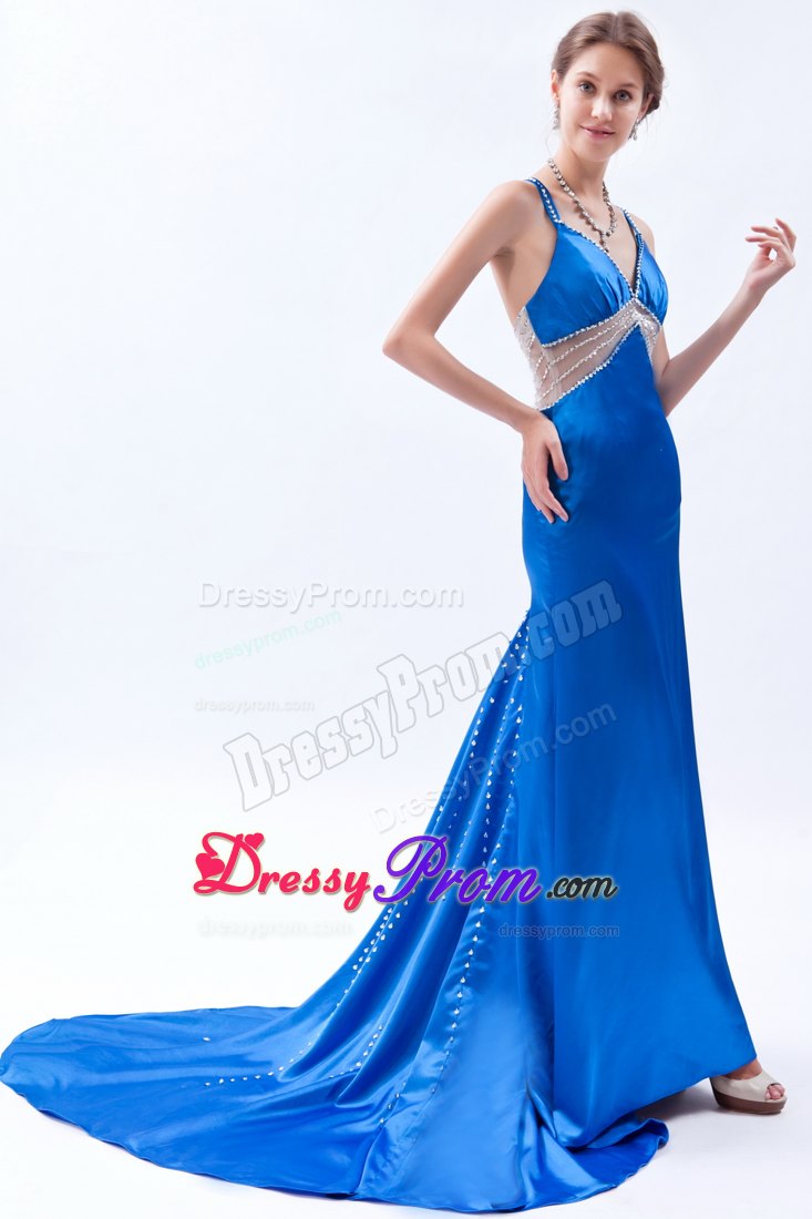 Royal Blue Sheath Straps Brush Prom Dress Beading Accent