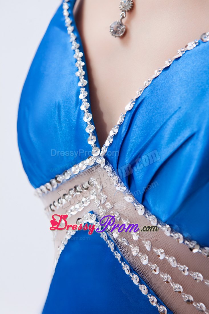 Royal Blue Sheath Straps Brush Prom Dress Beading Accent