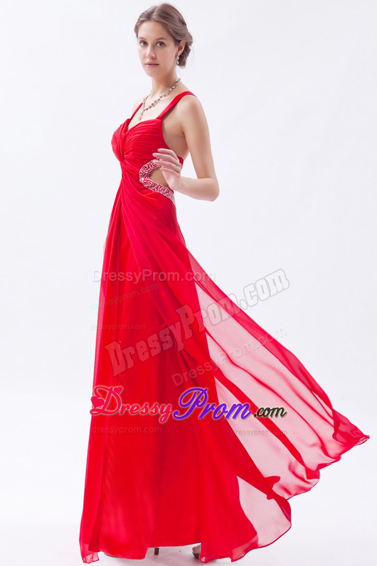 Red Empire Straps Prom Dress Ankle-length with Beaded Waist Cut