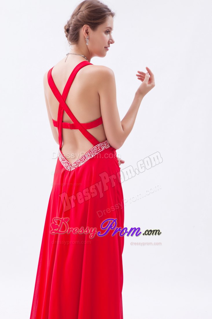 Red Empire Straps Prom Dress Ankle-length with Beaded Waist Cut