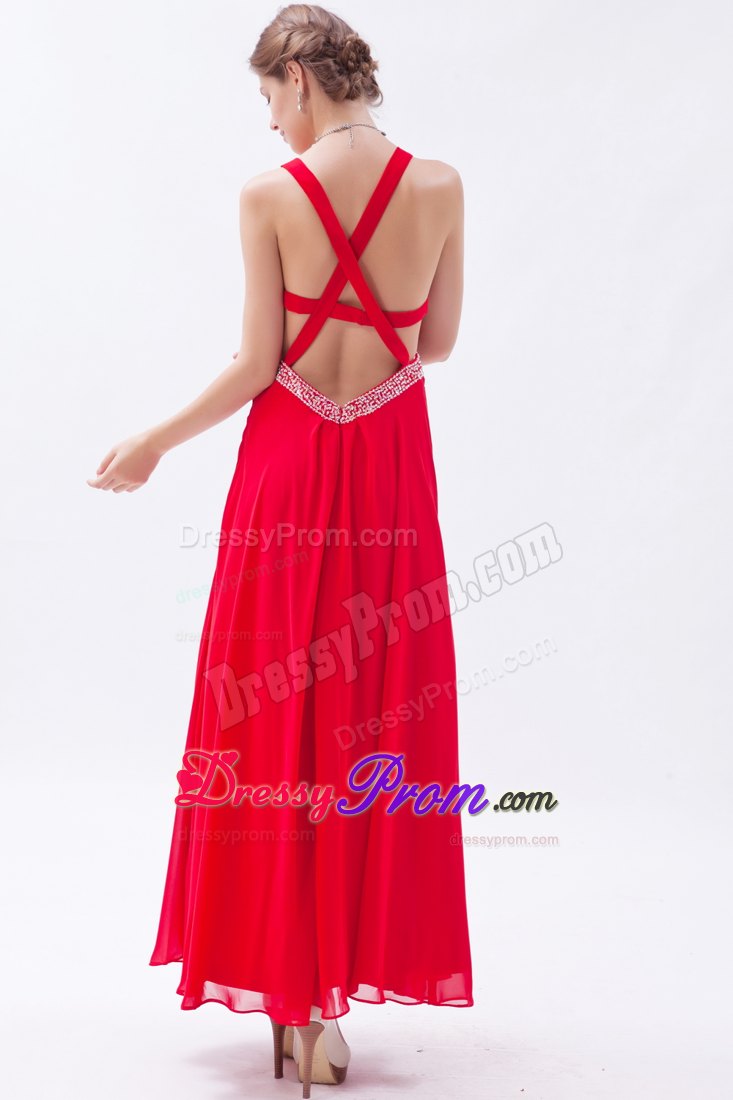 Red Empire Straps Prom Dress Ankle-length with Beaded Waist Cut