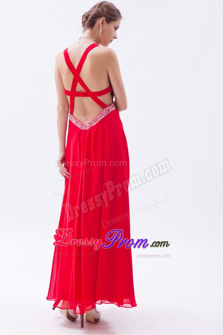 Red Empire Straps Prom Dress Ankle-length with Beaded Waist Cut