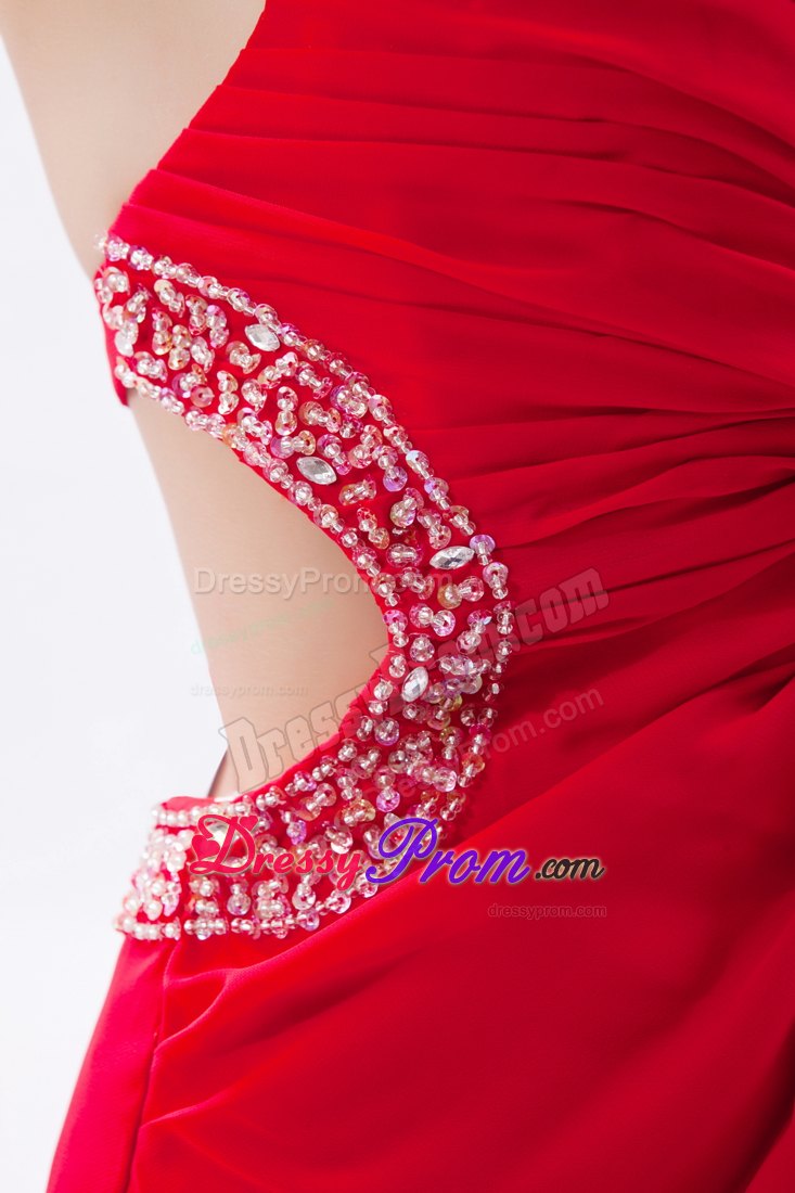 Red Empire Straps Prom Dress Ankle-length with Beaded Waist Cut