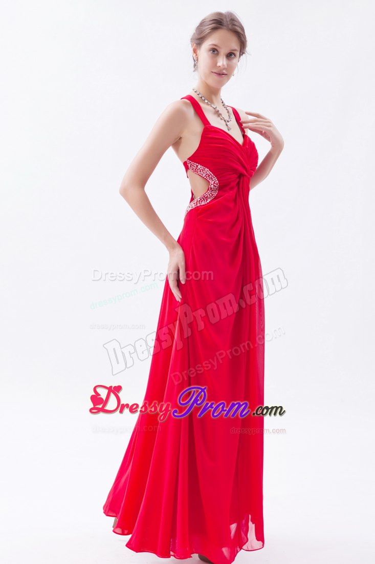 Red Empire Straps Prom Dress Ankle-length with Beaded Waist Cut