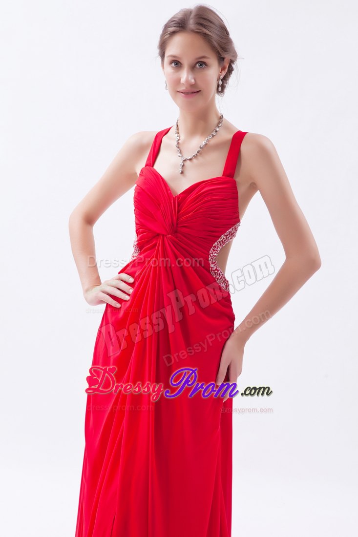 Red Empire Straps Prom Dress Ankle-length with Beaded Waist Cut