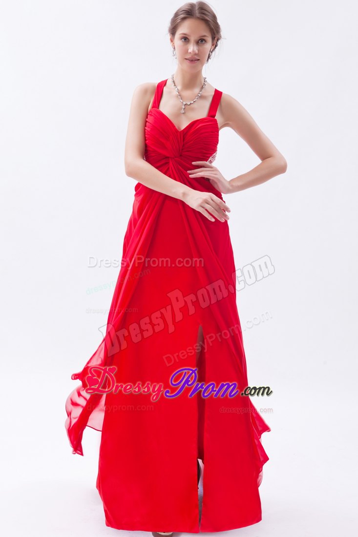 Red Empire Straps Prom Dress Ankle-length with Beaded Waist Cut