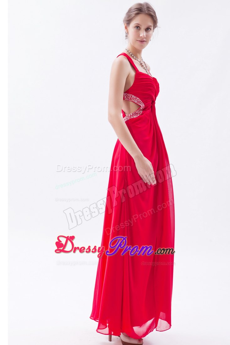 Red Empire Straps Prom Dress Ankle-length with Beaded Waist Cut