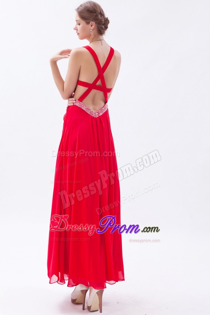 Red Empire Straps Prom Dress Ankle-length with Beaded Waist Cut