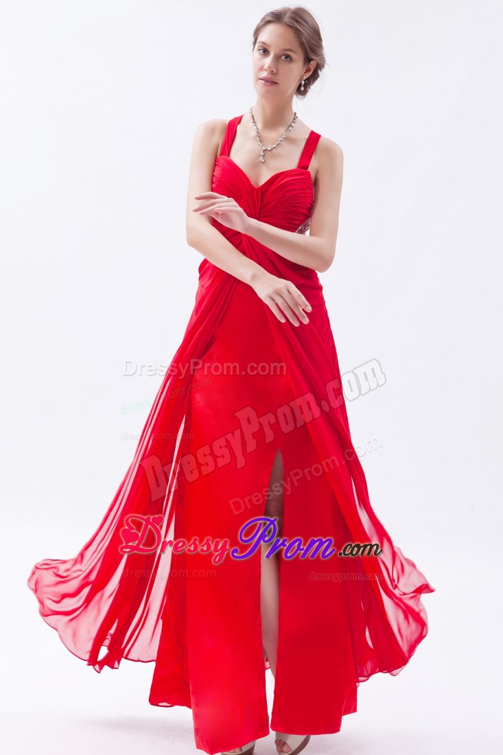 Red Empire Straps Prom Dress Ankle-length with Beaded Waist Cut