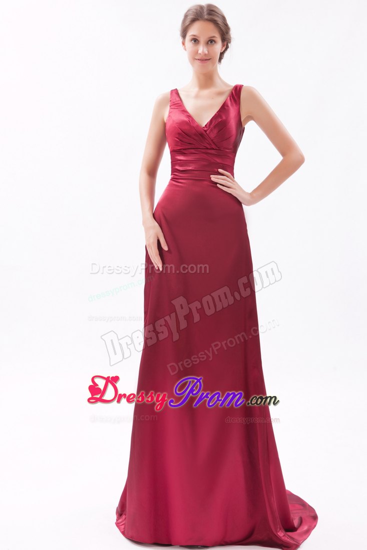 Red Column V-neck Brush Ruching Prom Dress for Customize
