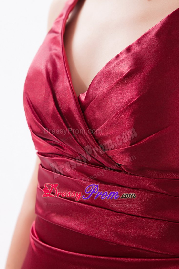 Red Column V-neck Brush Ruching Prom Dress for Customize