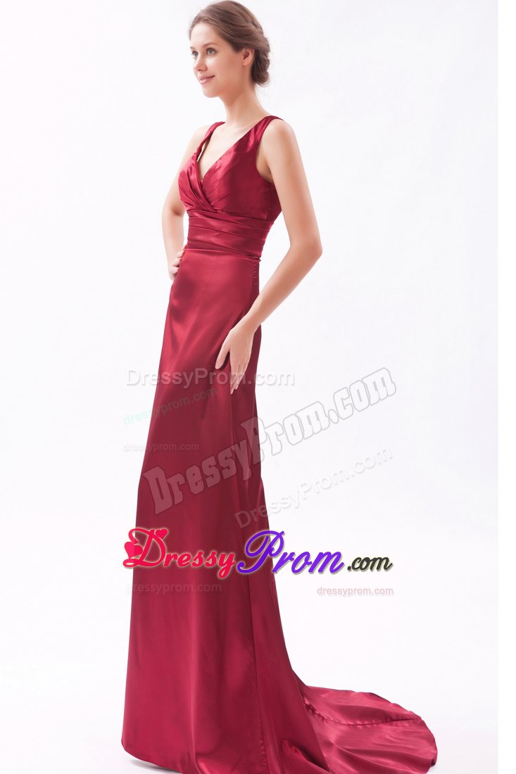 Red Column V-neck Brush Ruching Prom Dress for Customize