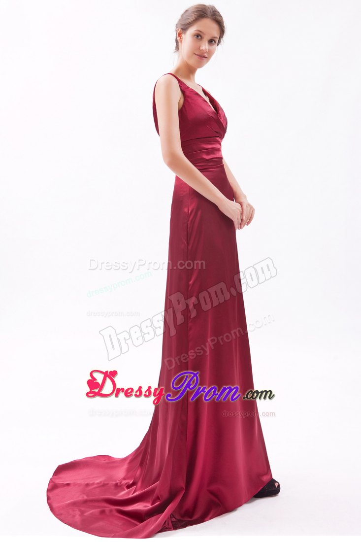Red Column V-neck Brush Ruching Prom Dress for Customize