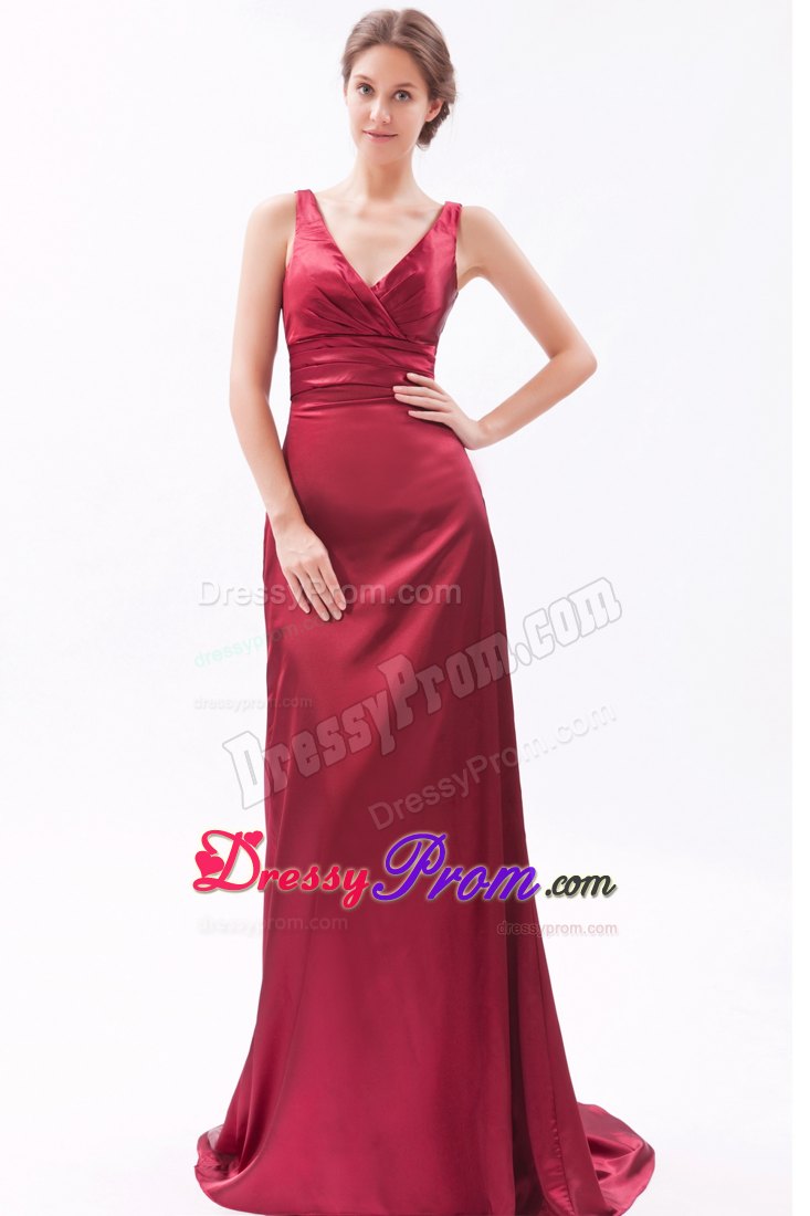 Red Column V-neck Brush Ruching Prom Dress for Customize