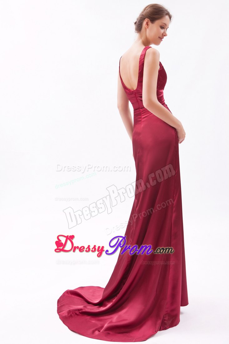 Red Column V-neck Brush Ruching Prom Dress for Customize