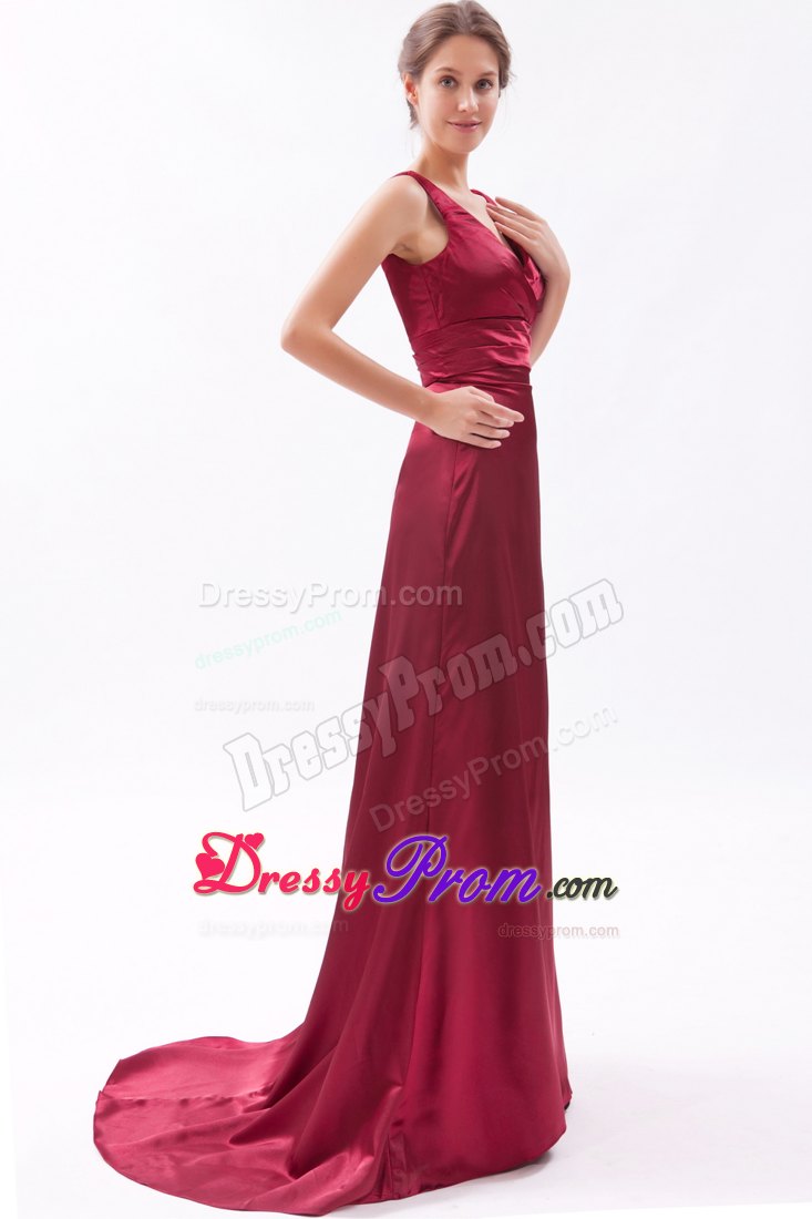Red Column V-neck Brush Ruching Prom Dress for Customize