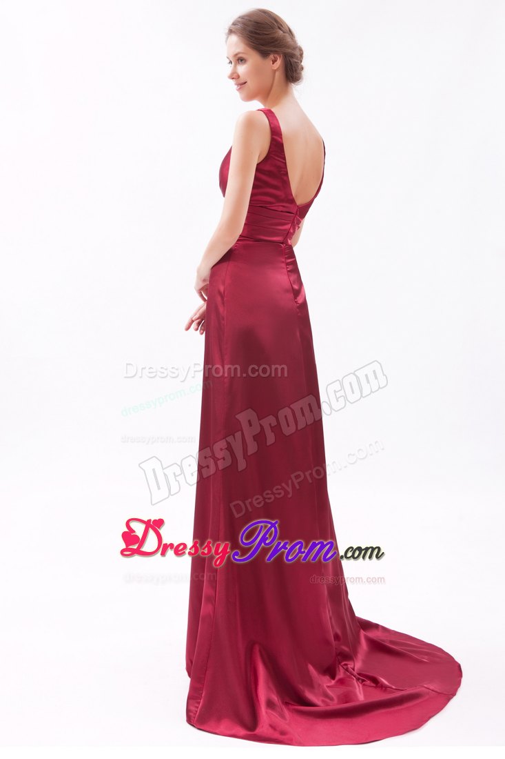 Red Column V-neck Brush Ruching Prom Dress for Customize