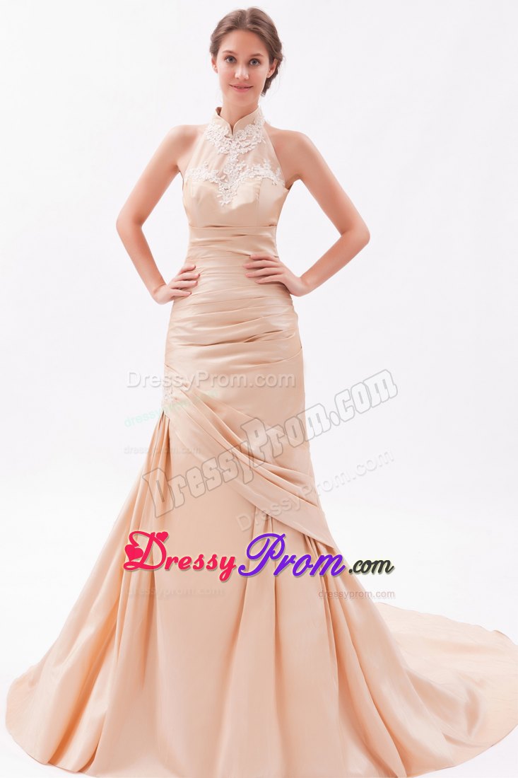 Champagne Mermaid High-neck Embroidery with Beads Prom Dress