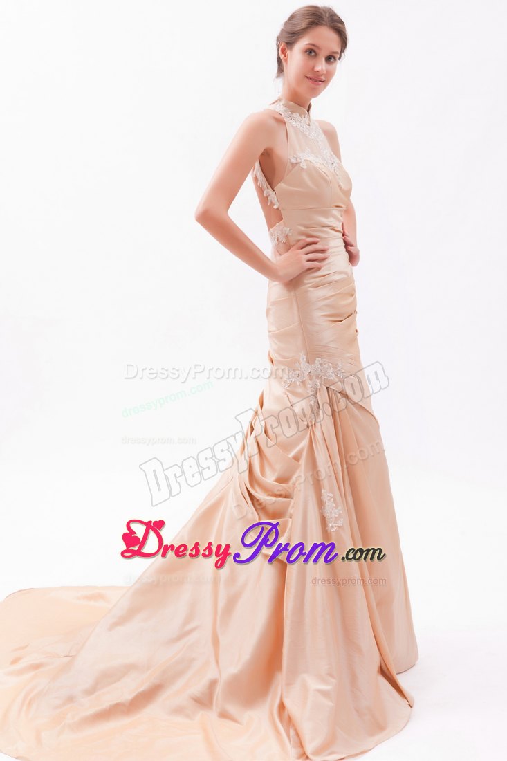 Champagne Mermaid High-neck Embroidery with Beads Prom Dress